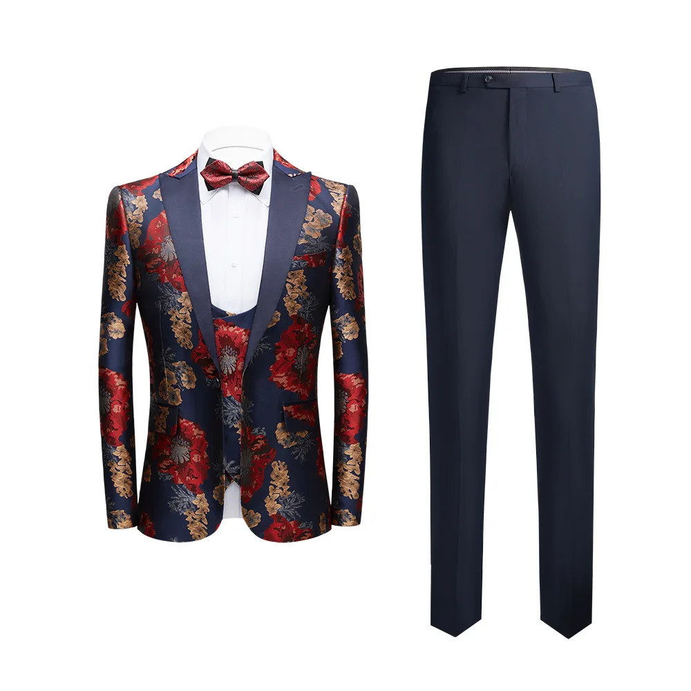 Costume trois pièces floral de style coréen pour hommes, costume décontracté tendance, S072005