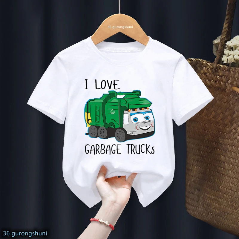 I Love Excavators Fire Trucks Garbage Trucks Cranes T Shirt Happy Birthday Gift Boy Girl Tshirt Party Gift Kids Clothes Tops