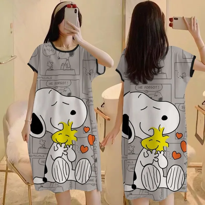 Snoopy piyama lengan pendek anime kawaii untuk wanita, pakaian rumah manis lucu kartun longgar versi Korea musim panas hadiah ulang tahun