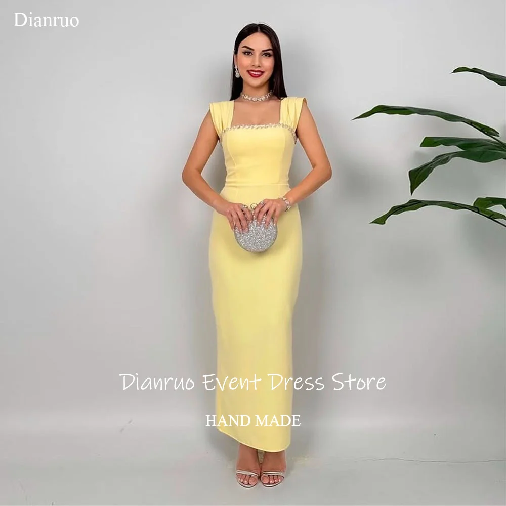 

Dianruo Yellow Square Neck Evening Dress Stylish Sparkling Vestidos De Fiesta Sleeveless Slit Formal Party Dress Customized