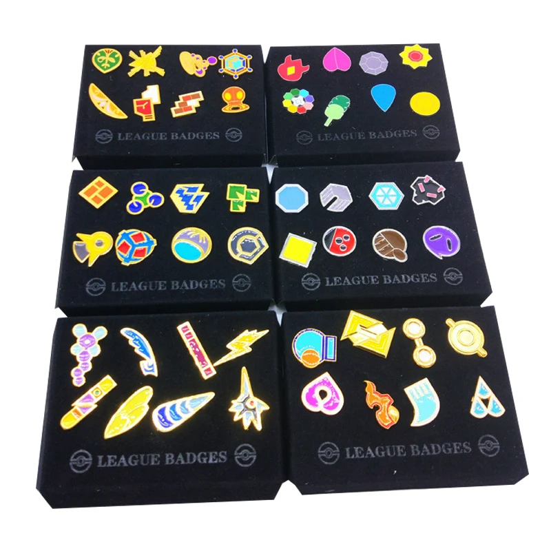 Poke Gym Badges Kanto Johto Hoenn Sinnoh Unova Kalos League Region Pins Brooches Orange Islands Box Collection Christmas gift