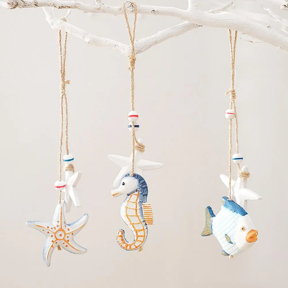 3PCS Mediterranean Wooden Fish Hanging Sea Horse Starfish Ornament Coastal Drop Beach Ocean Decor Beach Theme