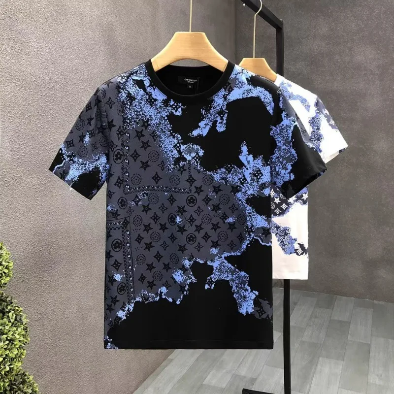 2024 New Summer Men Round Neck Printing Short Sleeved T-shirt Slim Street Casual Korean Fashion Comfortable Gradient Color Tops