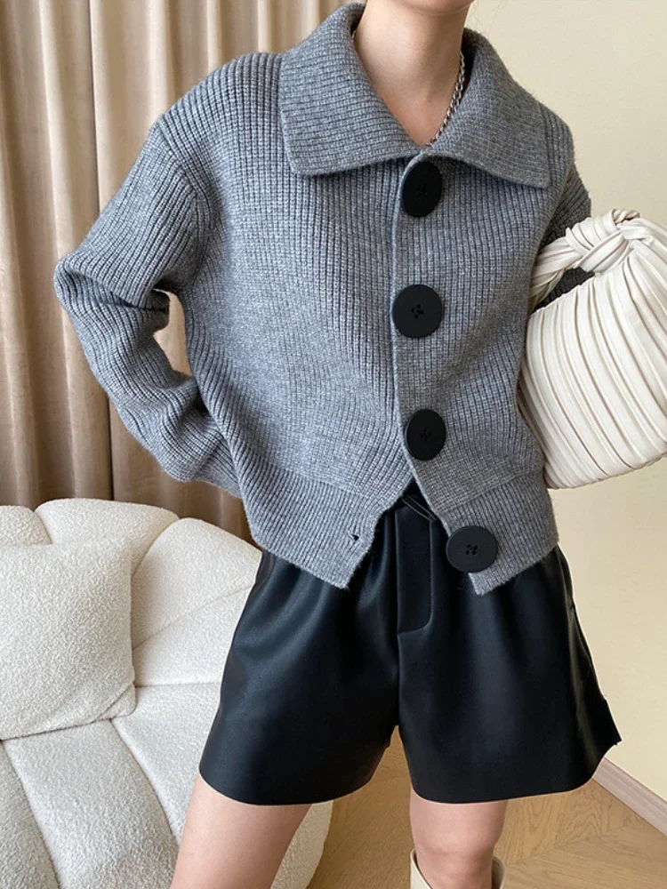 Fashion Big Button Cardigan for Women Loose Thickening Turn-down Collar Knit Sweater Autumn and Winter 2023 Grey Cardigan Coat