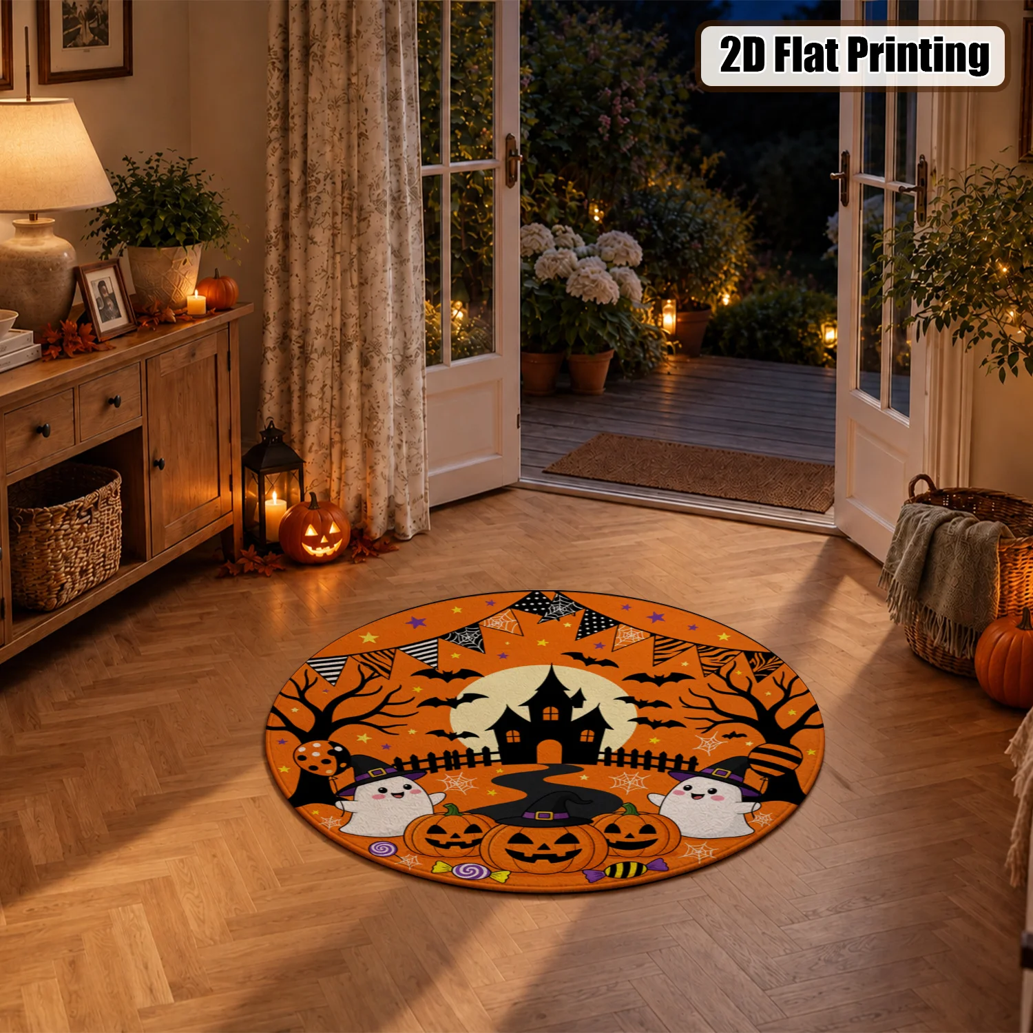 Round Velvet Rug with Halloween Ghost Pumpkin Haunted House Bat Pattern, Machine Washable, Ideal for Living Room, Bedroom, Entryway, Home Office, Holiday Decor for Halloween, Thanksgiving, Black Friday, Cyber Monday, Christmas, New Year