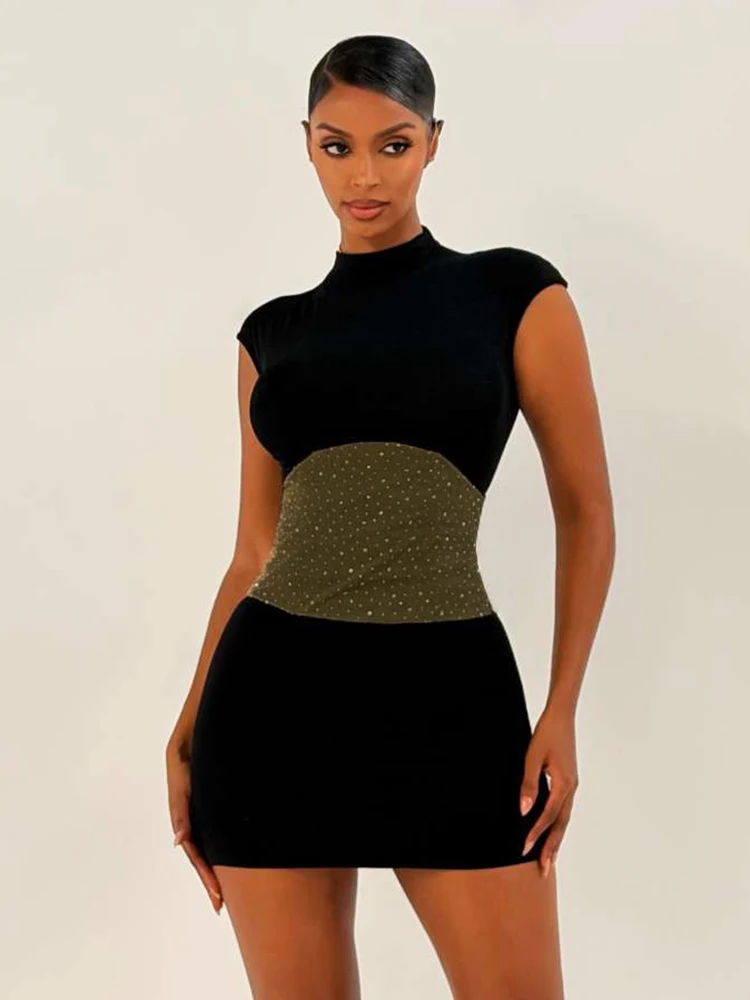 니버 복숭아 엉덩이 원피스 여성 패치 워크 스퀸 섹시 민소매 타이트한 자정 파티 클럽웨어 여름 패션 스키니 미니 바디 콘