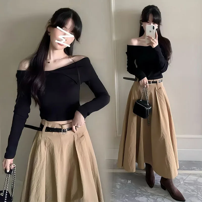 

Early Spring Faion Set Women's New Light Maturi oulder Exposure Slimming One-oulder Top Pleated Skirt Two-Piece Set
