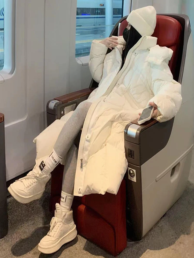 Cappotto da donna bianco sopra il ginocchio lungo Du down Jaet Cappotto da pane con cerniera e cappuccio caldo tessuto memory casual vestibilità ampia