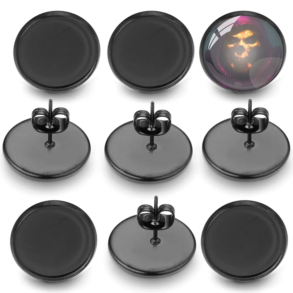 20Pcs Lot Stainless Steel Gun Black Stud Earrings Setting Blank Base Cabochon Cameo 6 8 10 12 MM for Diy Jewelry Making Supplies