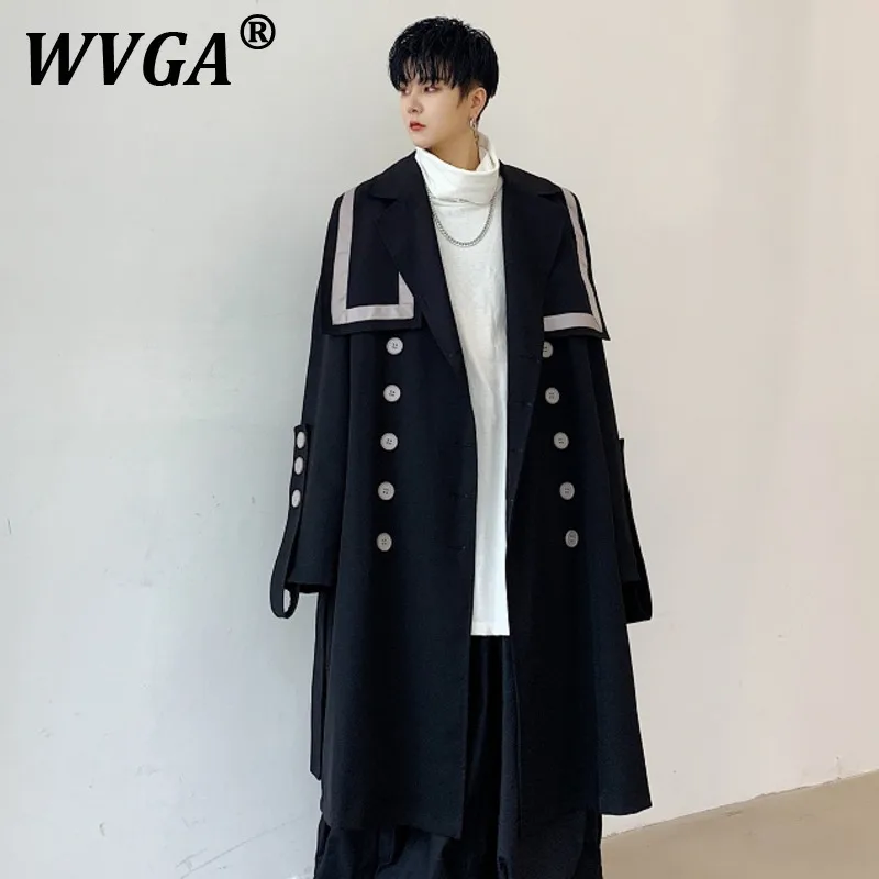

WVGA Jackets Autumn Winter New Man Darkwear Turn-down Collar Ribbon Trendy Design Niche Chic Casual Long Trench Coats Ins W11624