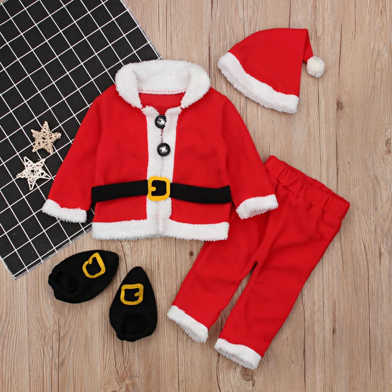 Disfraz de Navidad para niños recién nacidos, abrigo de forro polar, pantalones, sombrero y zapatos, trajes de Papá Noel de felpa, ropa de Navidad para bebés de 3 a 24M, 4 piezas por juego