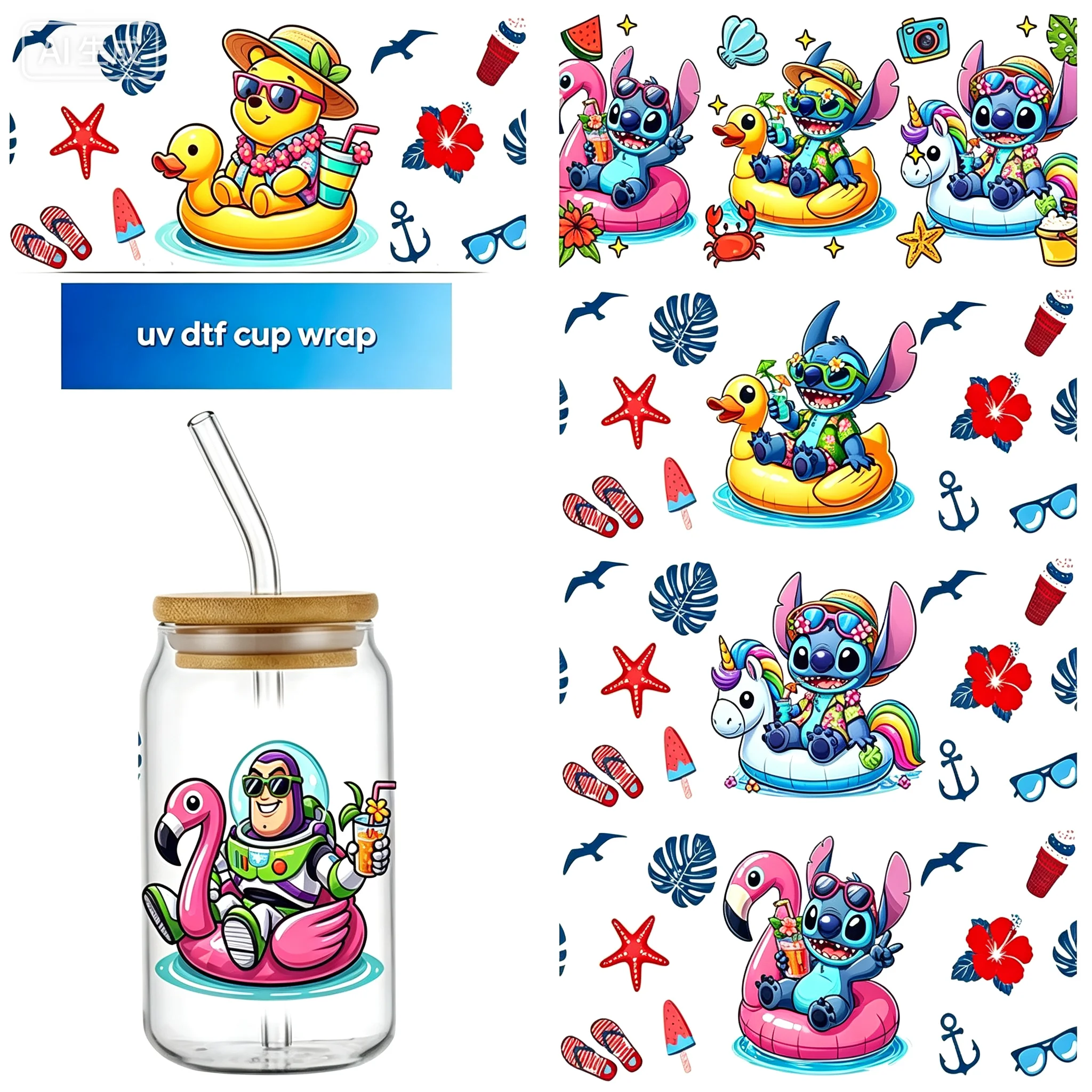 Funko Mixed Cartoon Summer Pool series UV DTF Cup Wraps Transfer Sticker For 16OZ Glass Libbey Can Bottle Washable DIY sticker
