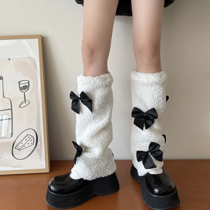 SZL Women Sweet Double Bowknot Fuzzy Plush Boot Cuffs Covers Warm Faux Lamb Wool Leg Warmers for Fashionable Winter Wear