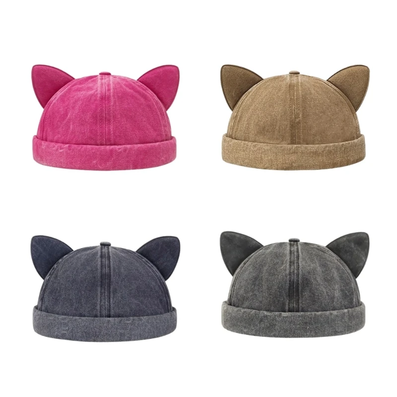 Lovely Cat Ear Decor Beanie Hat without Brim Sunproof Beanie Hat Hot Girls Cap