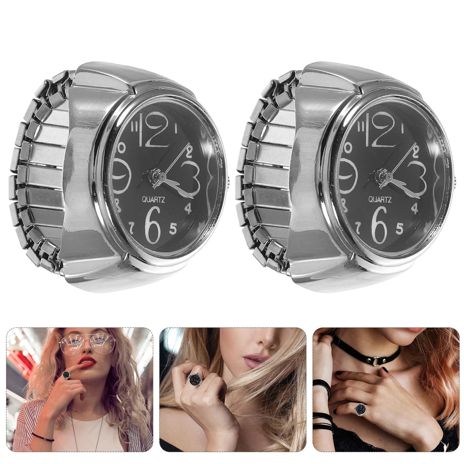 

2 шт. часы с кольцами для женщин и мужчин, мини-белье на палец, кварцевые часы, аксессуары для времени, уникальный дизайн (черный)