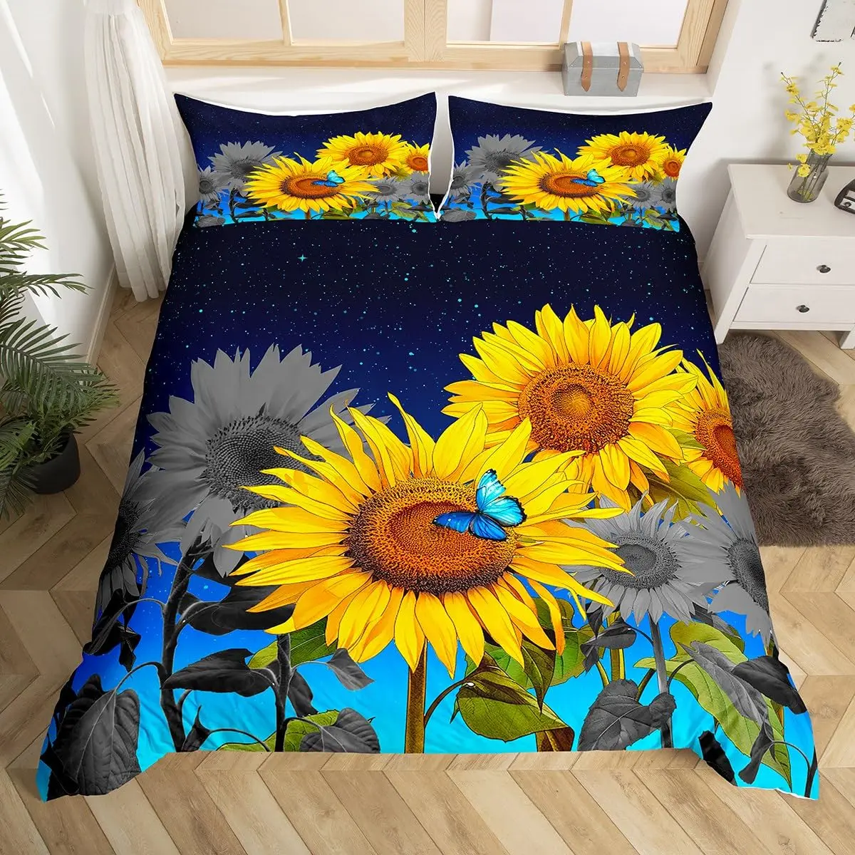 

Yellow Sunflower Duvet Cover Queen Blossom Flowers Bedding Set Butterfly Floral Print Comforter Cover Nature Theme Bedroom Decor