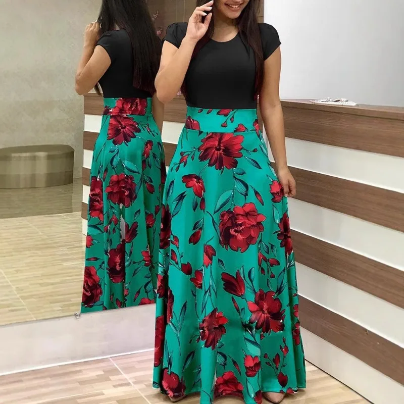 Women's Summer Print Stitching Flower Long Banquet Dress 2025 Female Bodycon Dress Elegant Sexy Woman Super Long Pullover Dress