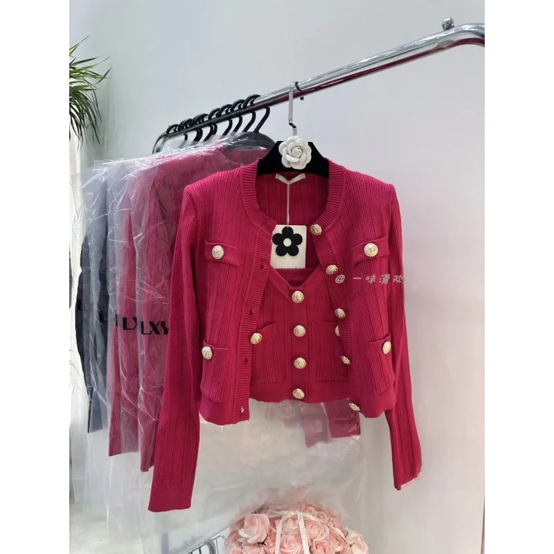 

Pink Knitted Vest And Cardigan Women's Slim Fit Two-Piece Set Small Fraance Sle Autumn New Arrival Button Detail