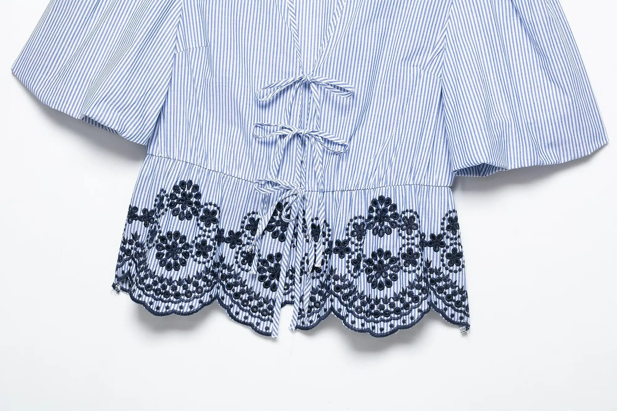 BB6445 ZA25 Summer New Women's Cotton Embroidered Bottom with Vertical Stripes, V-neck Tie up Cardigan Top 3399932