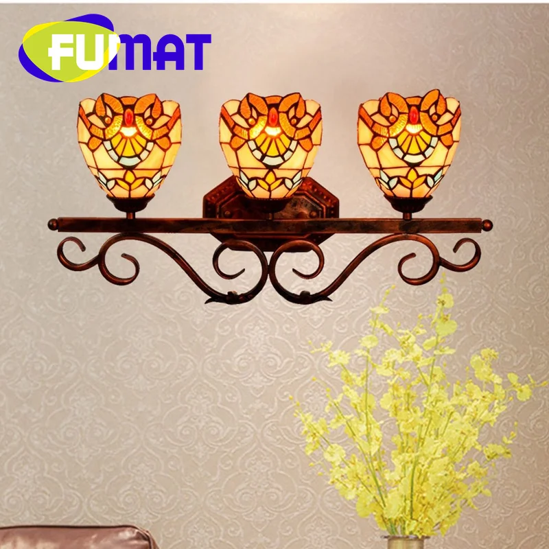 

FUMAT Tiffany style stained glass Retro yellow Baroque wall lamp Bar Restaurant Bedroom corridor three head wall light decor