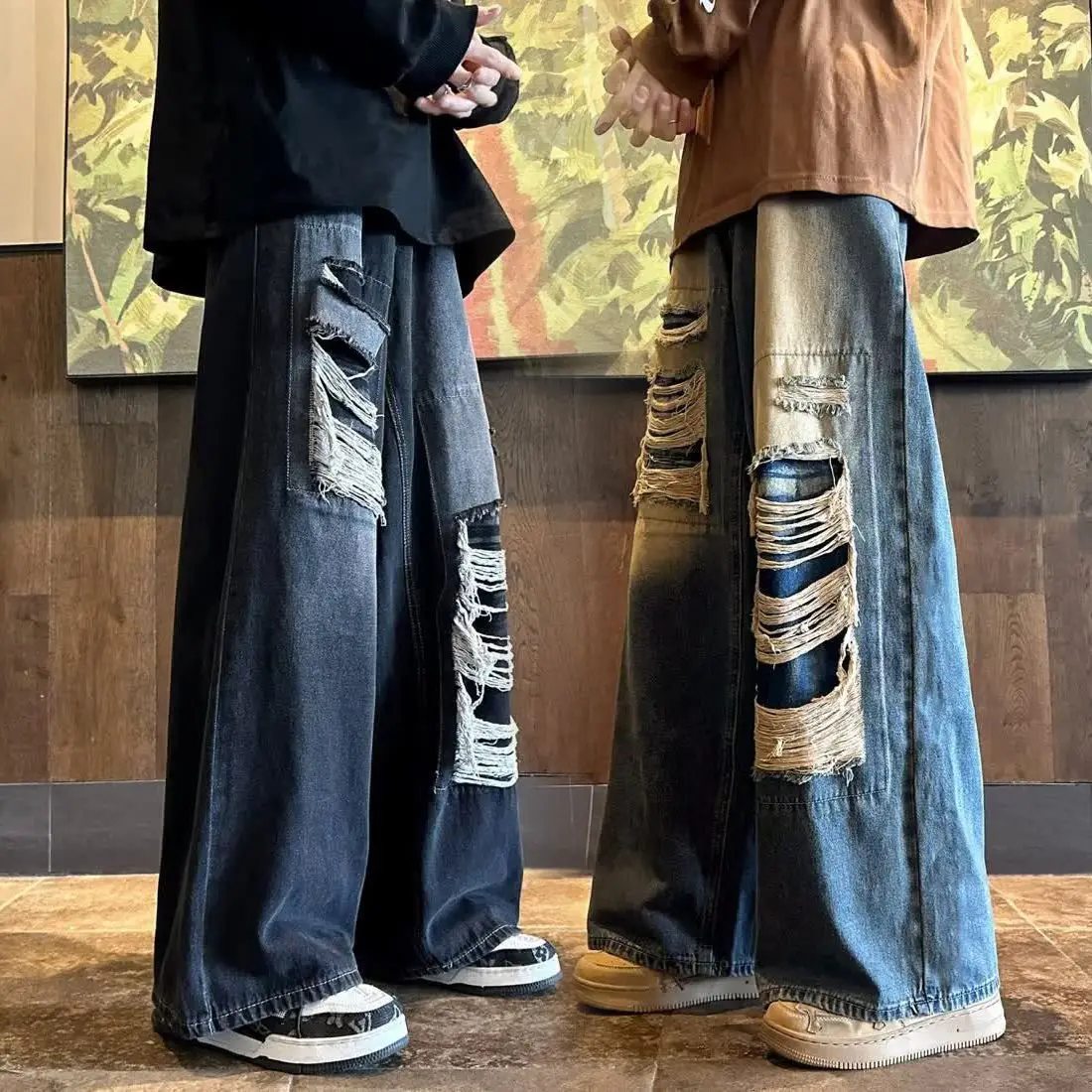 American style high street retro distressed jeans men and women, washed old wide leg loose fitting straight leg ins trendy pants