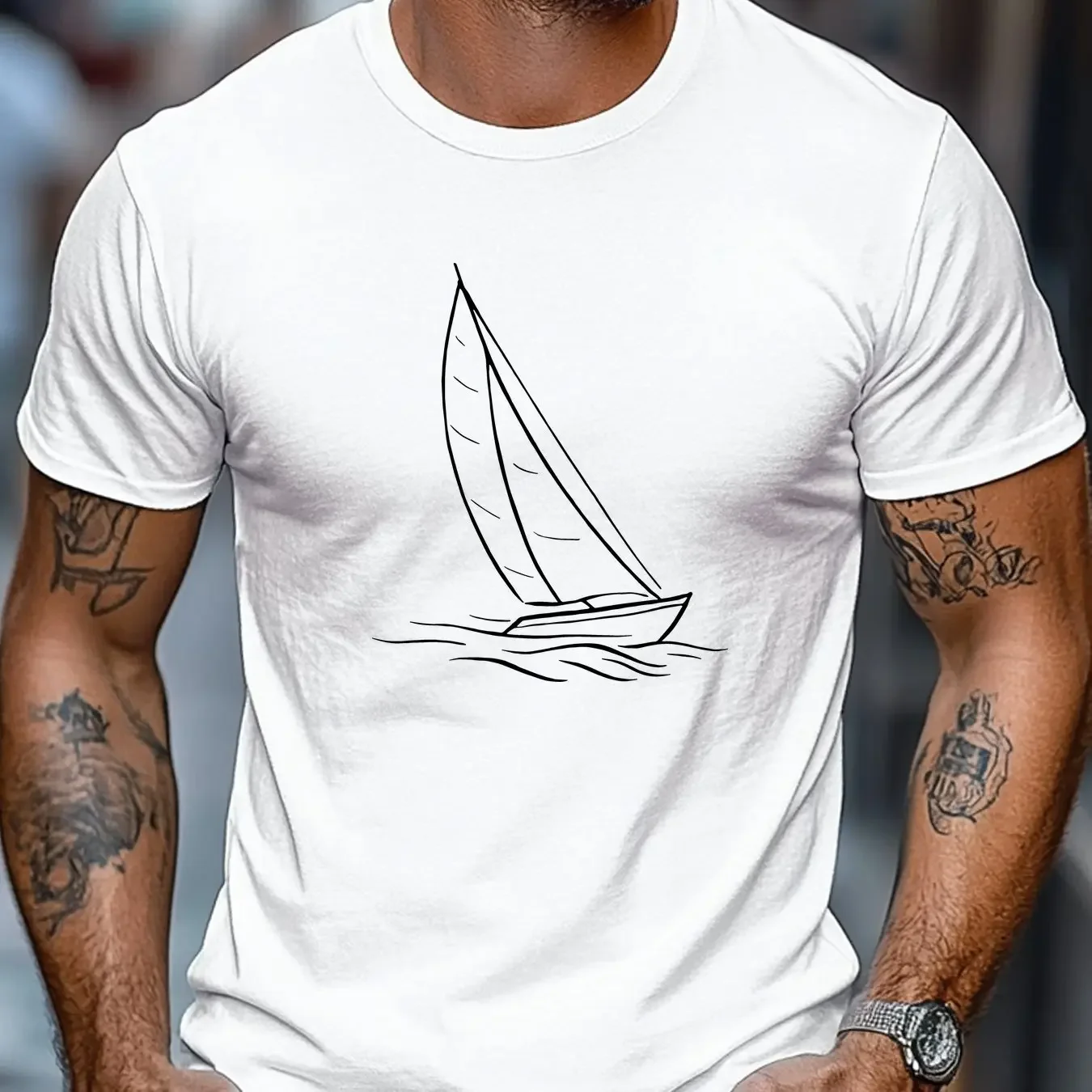 Men's 100% Cotton T-shirt Casual Loose Fit Minimalist Sailboat Pattern Summer Crew Neck Short Sleeve T-shirt