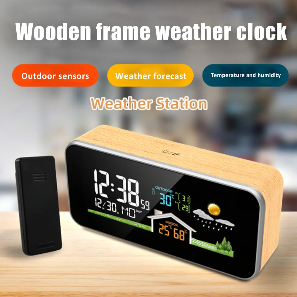 

Wireless Weather Station Wooden Alarm Clock Digital Thermometer Humidity Temperature Wireless Sensor Home Desktop Time Watch