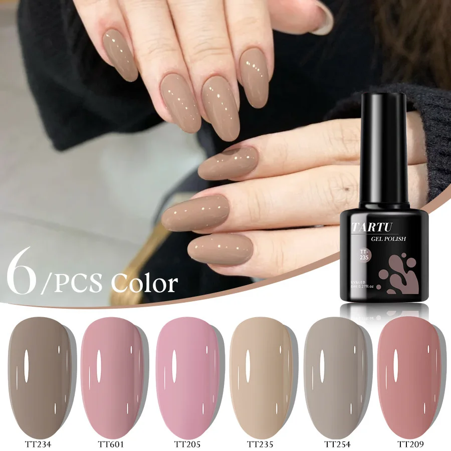 

6-color jelly gel nail polish set includes khaki, purple, white, red, brown, blue, black, and green semi-permanent colors