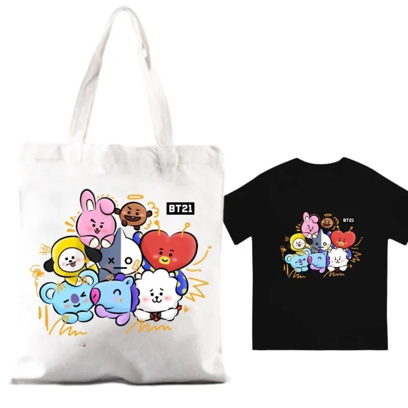 BEAST KINGDOM Cute B-BT21 Cartoon Women Shoulder Bags Couple Combination Clothes Short Sleeve Collar Fashion T shirt Man Cotton