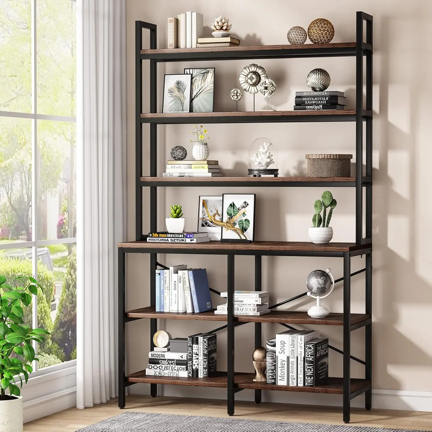 6-Tier Bookshelf,Industrial Bookcase with Open Shelf,6 Shelf Storage Rack with X-Shaped Frame,Rustic Book Shelf