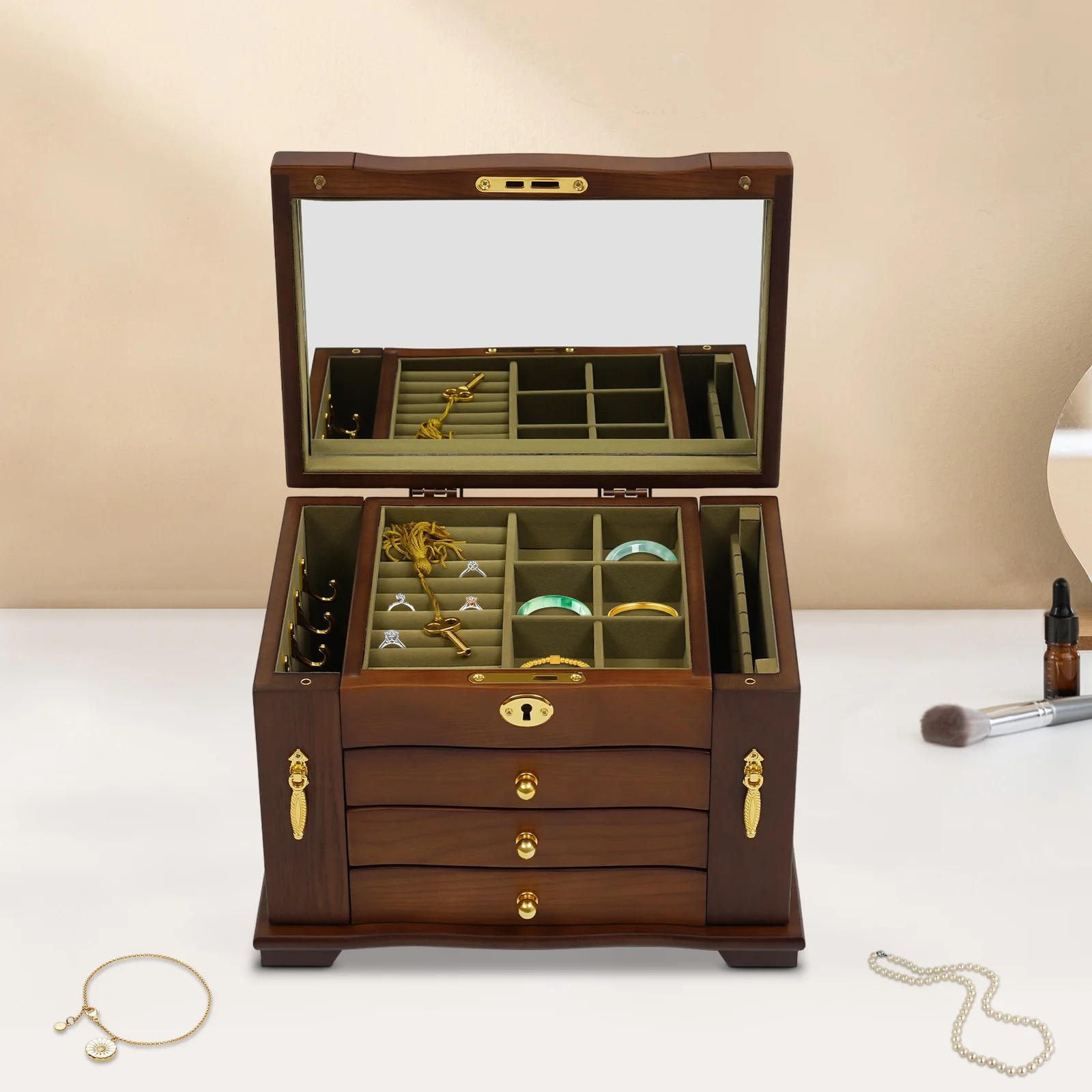 

4-layer Log Color Jewelry Box with Lock Large Wooden Storage Box with Mirror Sorting Storage Cabinet