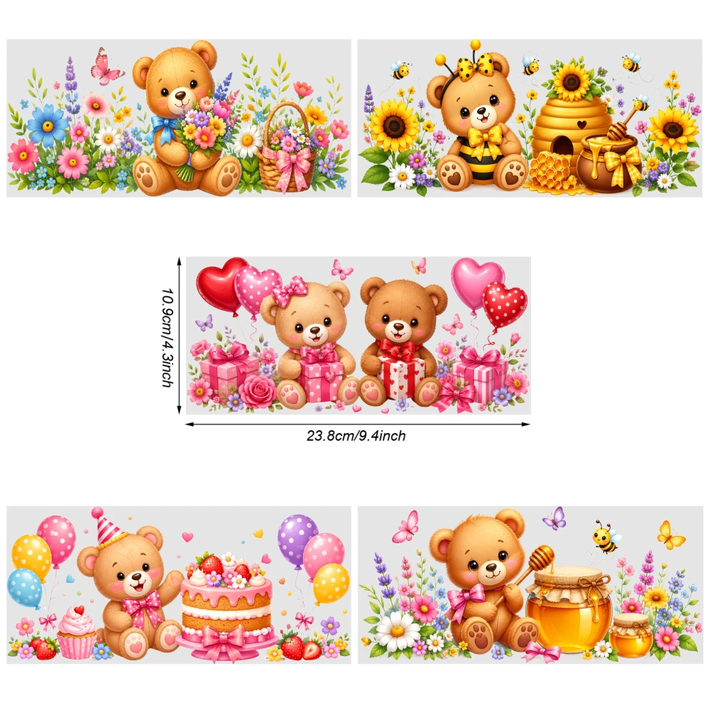 5 Sheets Cute Bear Floral Pattern UV DTF Stickers UV DTF Transfer Stickers for Glass Cups Cups Decoration UV DTF Stickers