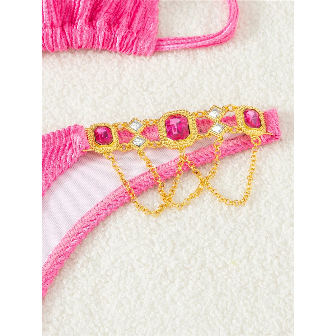 Neuer Bikini mit Diamant-Strasssteinen, geripptem Oberteil und Halterneck, Damen-Badebekleidung, zweiteiliger Bikini-Set, Badeanzug, Badebekleidung, Modell V5391 – Detail 14