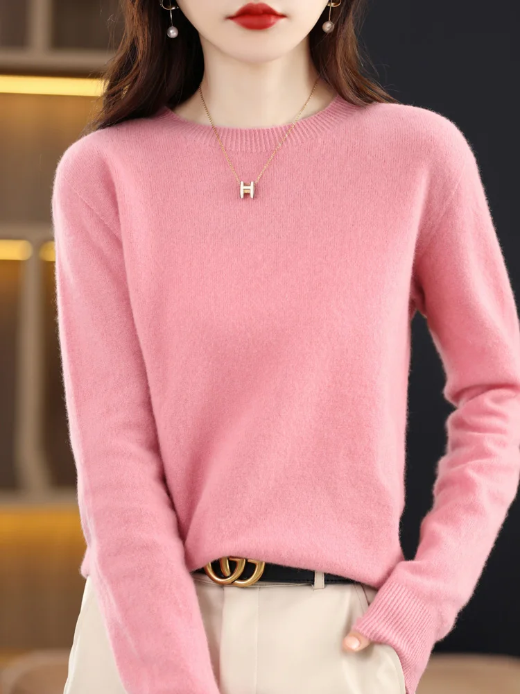 

Autumn Winter Women Sweater 100% Merino Wool Basic O-neck Pullover Solid Casual Cashmere Knitwear Female Grace Clothing Tops