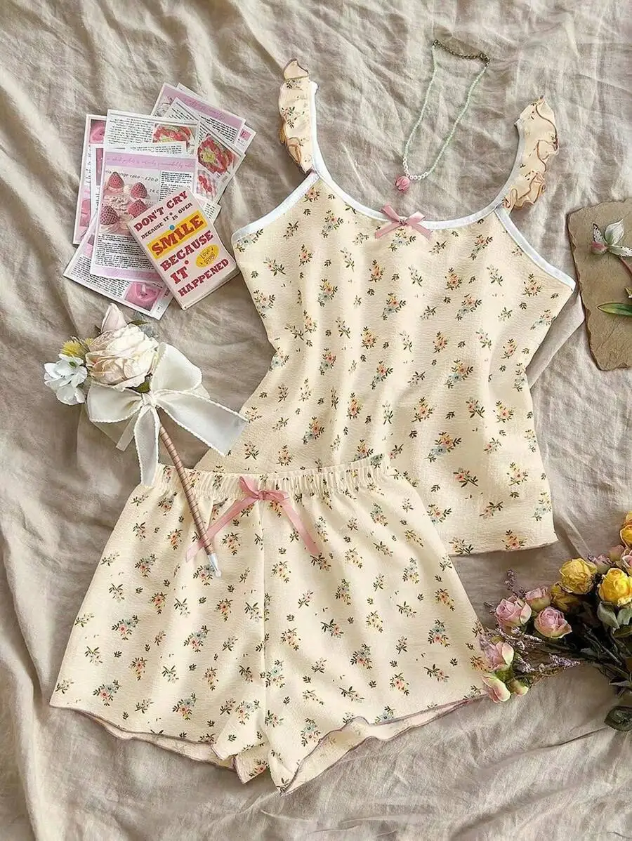 

Womens Ditsy Floral Pajama Set Backless Camisole Top With Frilled Edges Loose Belted Shorts