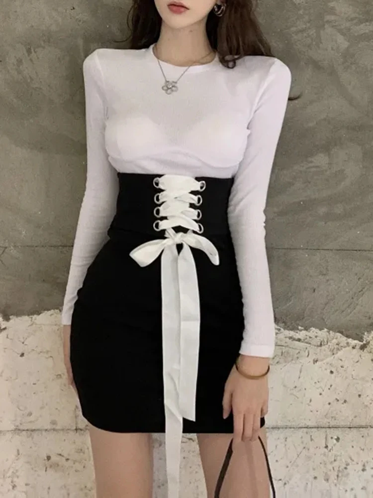 

Women High Waist Bandage Short Skirt Casual Solid Loose Long Sleeve Tops Ladies Streetwear Slim Sweet Two Piece Sets Female