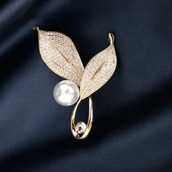 Luxury Rhinestone Leaves Brooch High Quality Pearl Metal Buckles Fixed Accessories Anti Fading Brooch Coat Collar Pin Jewelry