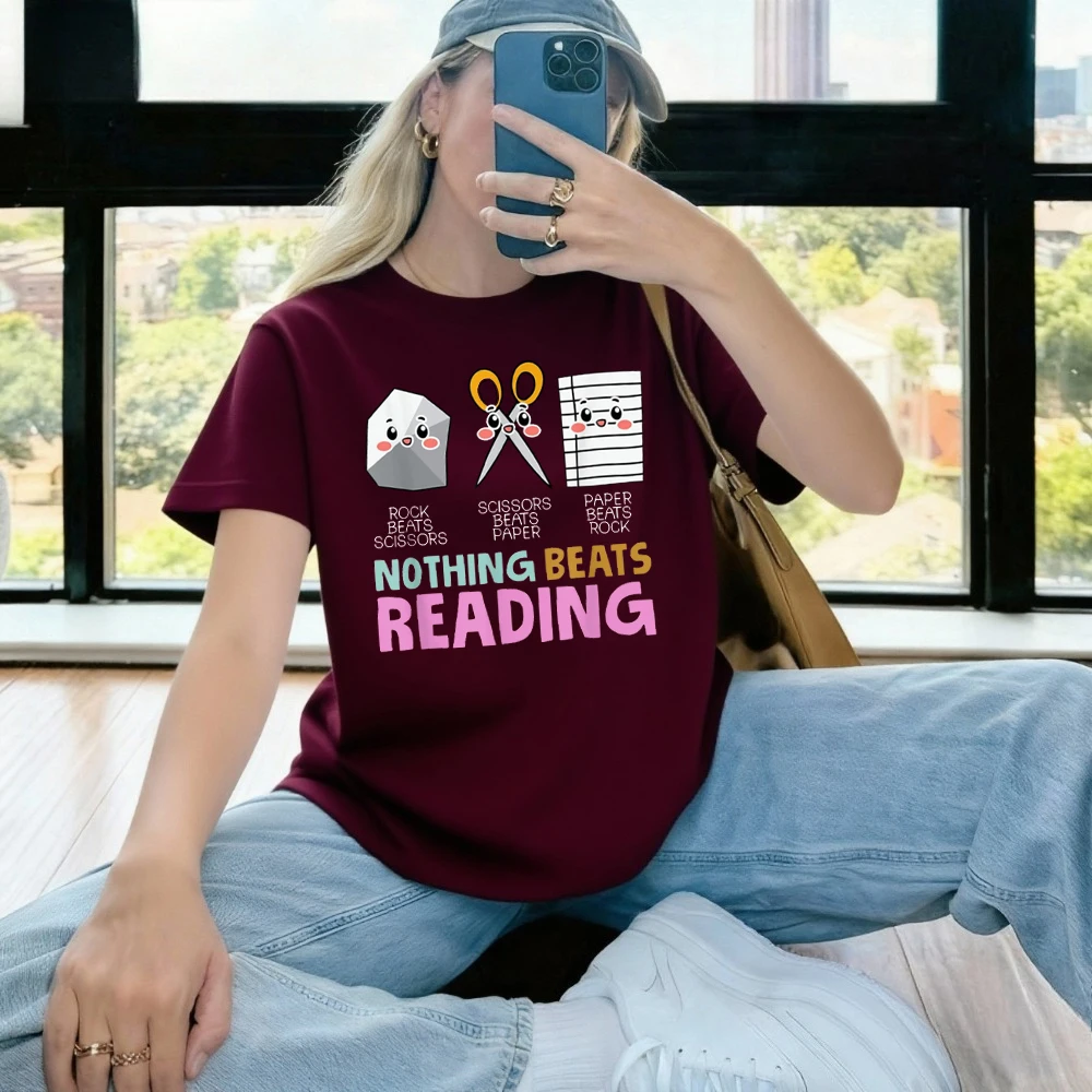 Funny Rock Paper Scissor Nothing Beats Reading Unisex T-Shirt O-neck Harajuku High Quality Cotton Tops Streetwear Tees