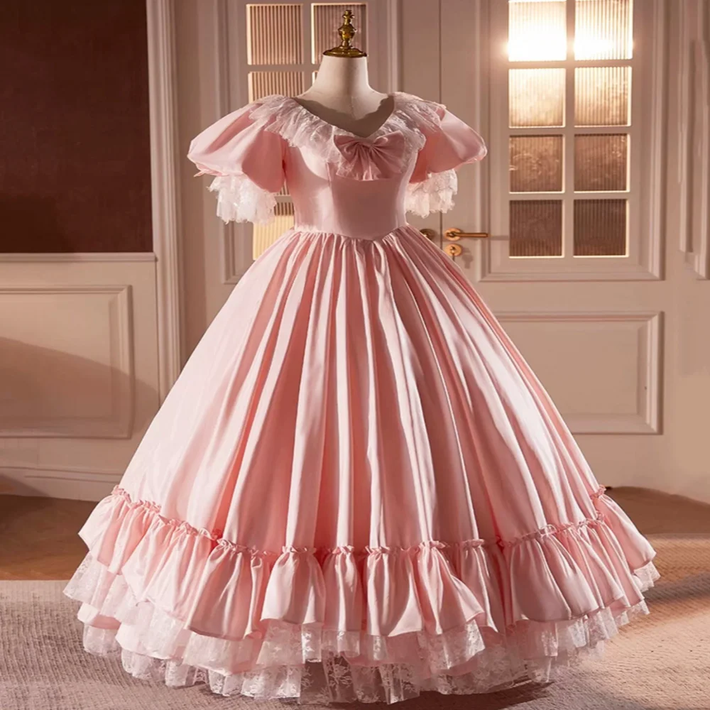 

Victorian Pink Civil War Prom Dress 2025 V Neck Short Sleeve Renaissance Cosplay Evening Dress Lace Bustle Walk Party Customized
