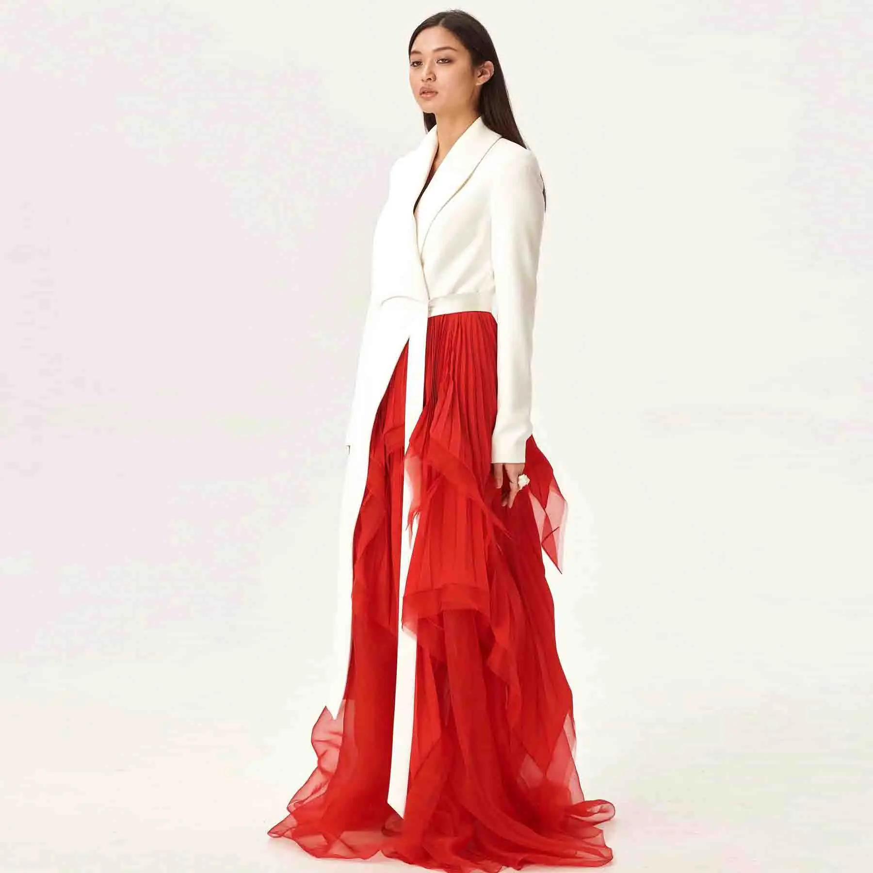 Women Dresses Blazer Overskirt Pleated Turn-down Neck Formal Dress with Sleeves Ivory Red Prom Gowns Elegant Straight