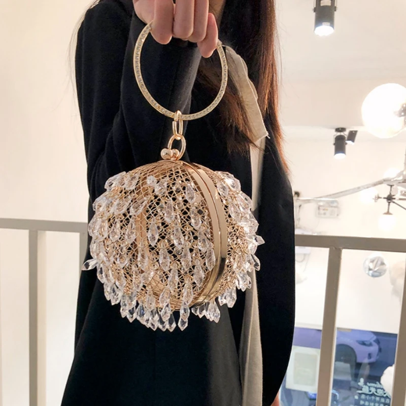 Summer New Round Metal Hollow Handabg Fashion Water Drop Shaped Acrylic Rhinestone Women's Evening Bag Luxury Party Evening Bag