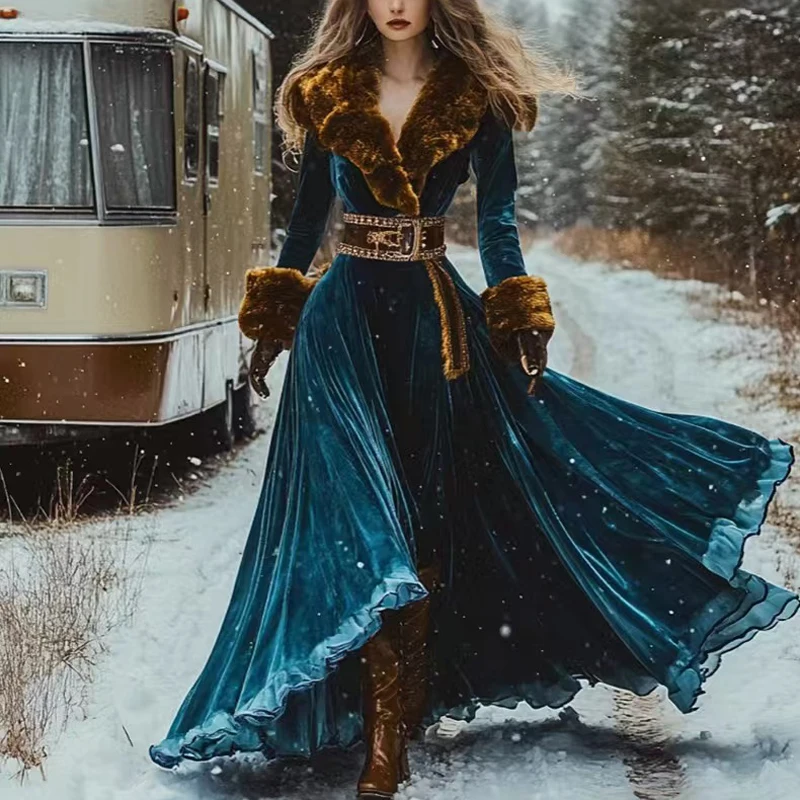 Sexy Women Print Feather Bohe Long Dresses Winter Ethnic Hair Collar Gold Velvet Party Dress Vintage High Waist Vacation Dress