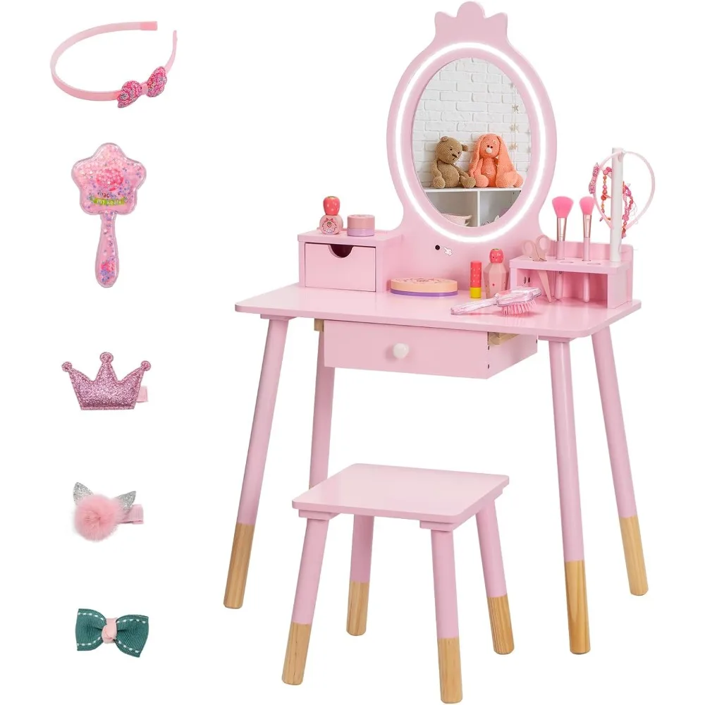 

Kids Vanity Set with Lighted Mirror, Princess Make Up Dressing Table and Stool Set w/Jewelry Storage Rack & Make Up Brush