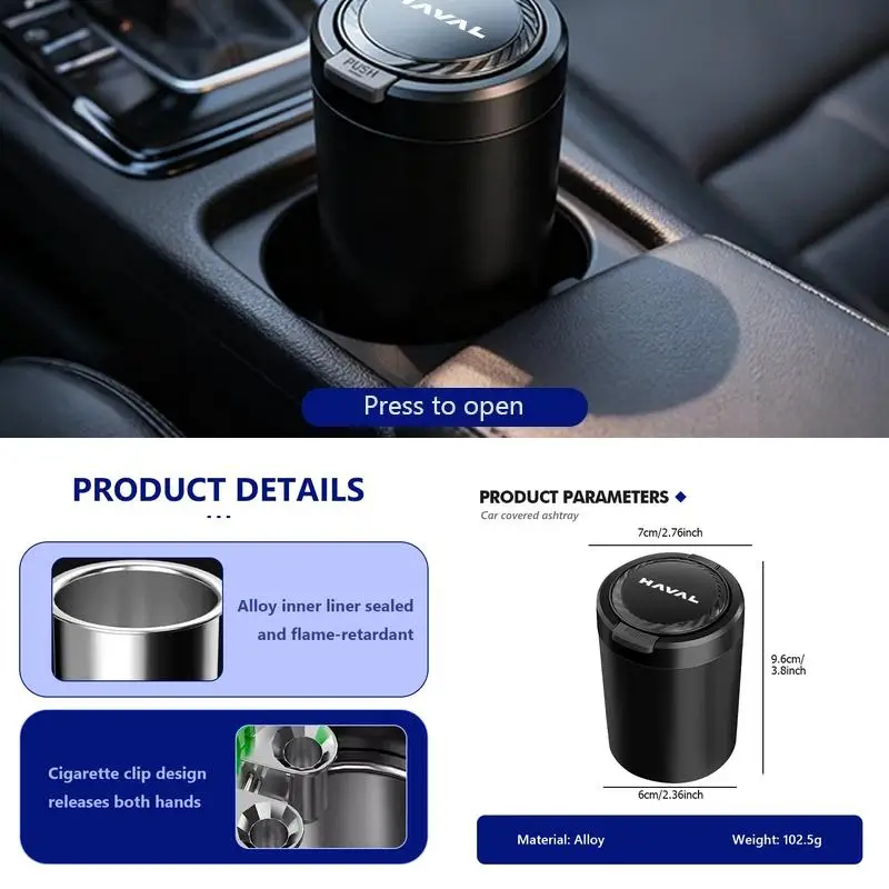 LED Car Cup Holder Ashtray Coin Storage Bin for Haval Haval H6 JOLION DARGO HEV H3 H2, Covered Car Ash Tray Interior Accessories
