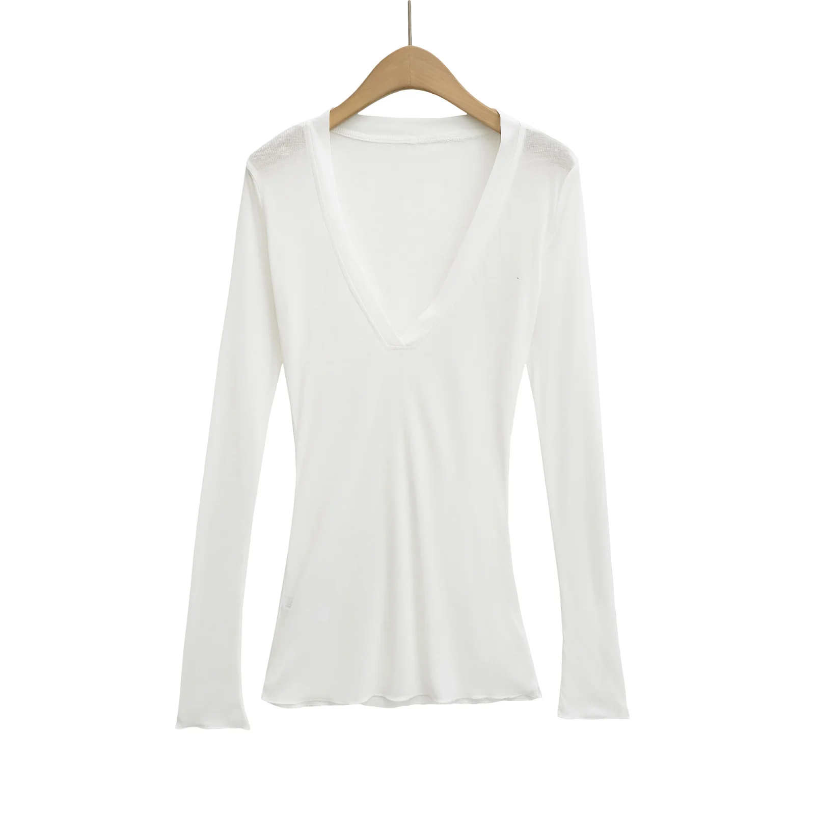セクシーな深いVネックのロング丈Tシャツ、レディースインナーウェア、スリムフィット、ストリートスタイル、ピュアカラー、秋冬ファッショントップ