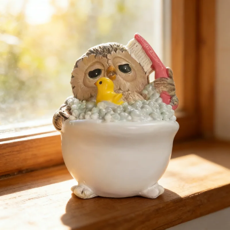Cute Owl Bathtub Statue, Resin Bathing Owl Figurine with Bubbles & Duck, Funny Animal Decor for Shelf Windowsill