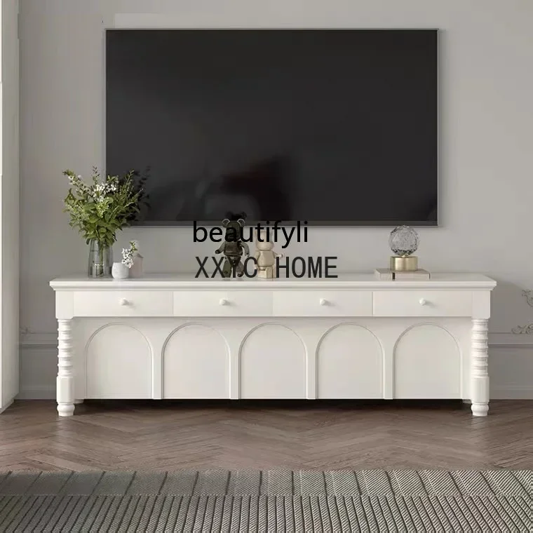 خزانة تلفزيون من الخشب الصلب الفاخر من CXH، شقة صغيرة، خزانة تلفزيون حديثة وبسيطة باللون الأبيض الكريمي لغرفة المعيشة