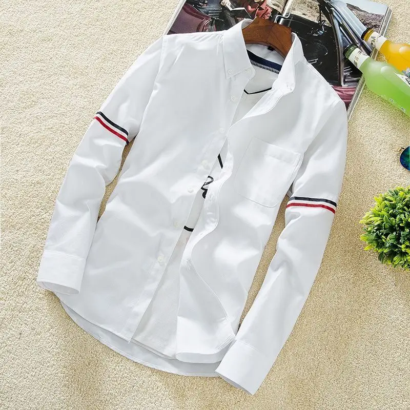Men's Oxford Cloth Long Sleeve Shirt Casual Spring Autumn Style Korean Trend Outerwear Large Size Full Cotton Workwear Shirt