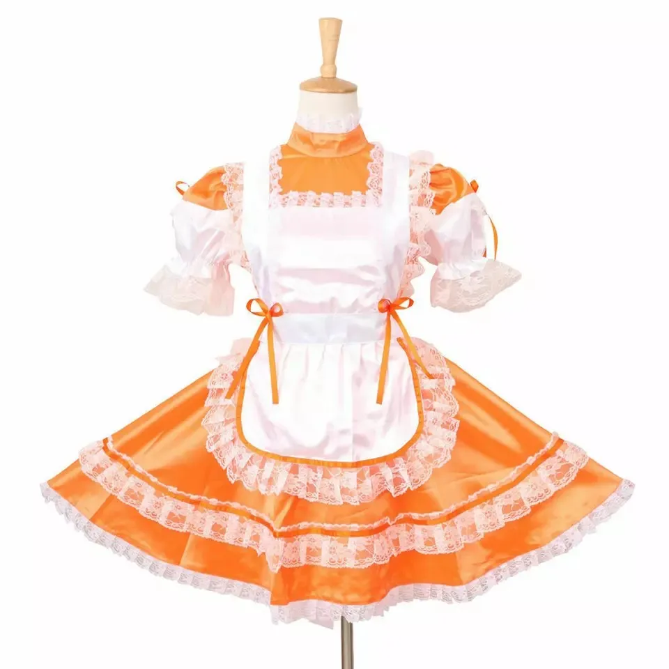 

Sexy sissy French maid orange satin short sleeved lockable lace ruffled dress maid cosplay costume customizable