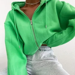 2024 Fashion Streetwear Neon Green Sweatshirt Casual Cotton Zip Up Long Sleeve Tops Solid Navel Drawstring Cropped Hooded Women